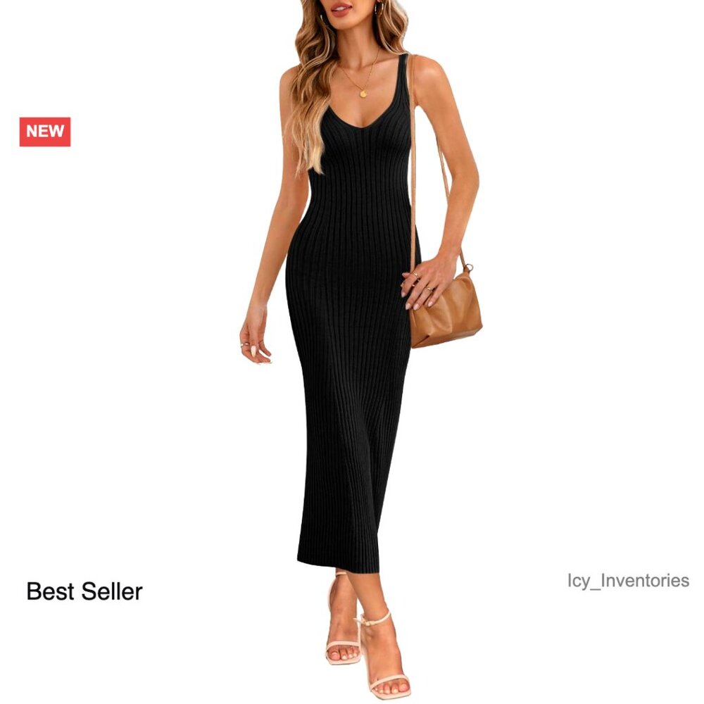 Midi Dress V-Neck Sleeveless Ribbed Knit Bodycon Casual Summer Chic